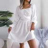 Women Summer Dress High Waist Swing Solid Color Square Neck Wood Edge Spring Fashion Big Flowy