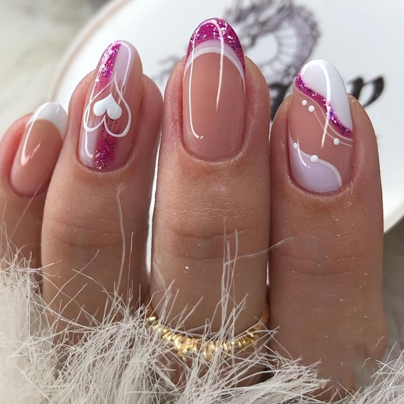 24Pcs Water Drop Press-on Nails with Shiny Heart Patterns, Sweet Valentine's Day Style for Daily Wear.