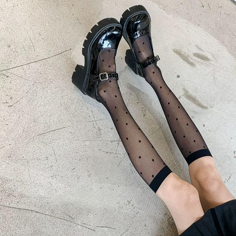 JK Sexy Calze Lunghe Nere a Pois Rete Ultra-sottile Rete Alta Ginocchio Donna Estate Sottili Trasparenti Calze Lolita