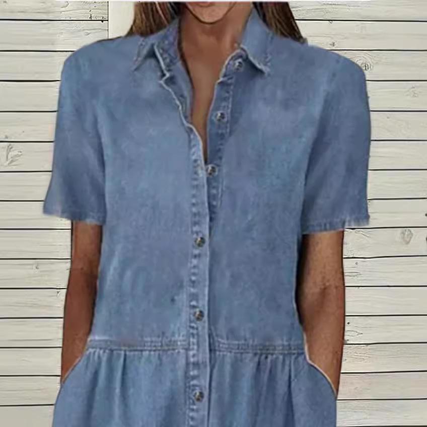 Spring Hot Style Shirt Collar Casual Denim Short Sleeve Dress