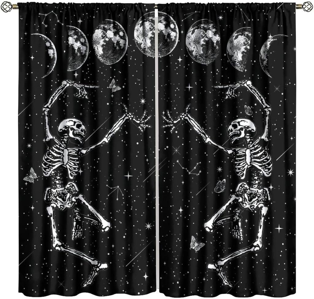 Gotische Rose Skelett Vorhänge Romantisch Schwarz Rot Abstrakt Knochen Floral Küssend Menschliches Schädel Heimdekoration Vorhänge Vorhang Vintage Polyester Mit Stangentasche