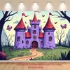 2D Cartoon Princess Castle Backdrop with Purple Castle and Butterflies Photography Background