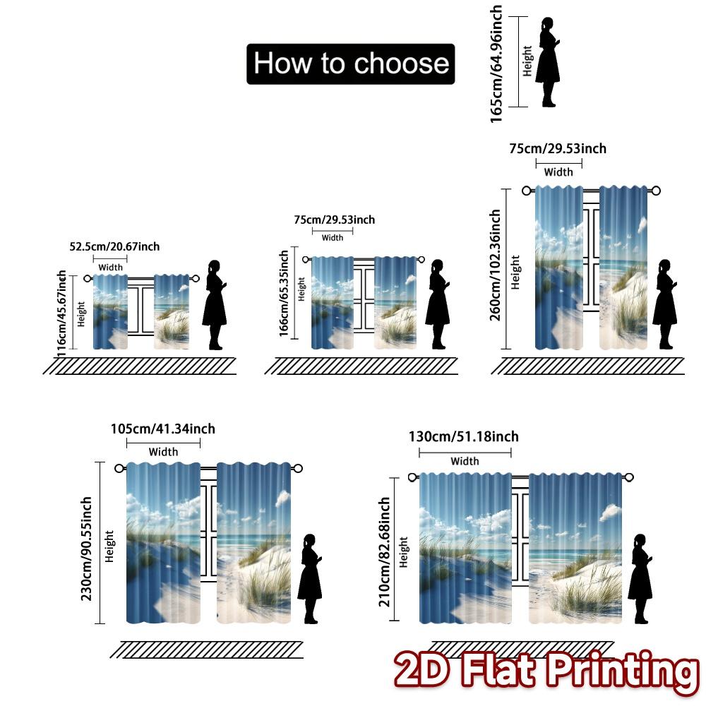 2pcs   2D FLAT PRINTING Curtains (Without Rod) Seaside Serenity Popular Curtains&Window Treatment Machine Washable Fabric