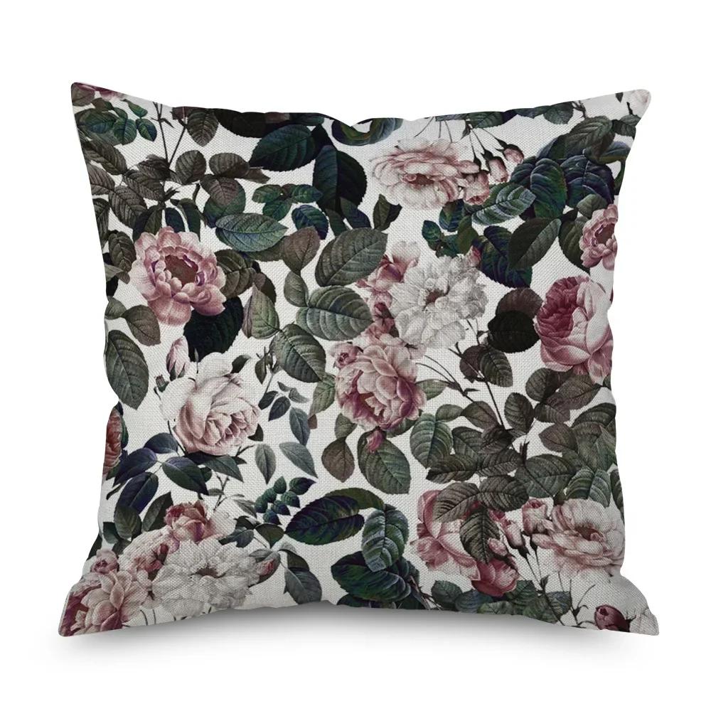 Vintage Floral Leinen Kissenbezug Schwarze Nacht Rose Kissenbezüge Dekorativ Interieur für Heimdeko Kissenhülle für Schlafzimmer 45x45
