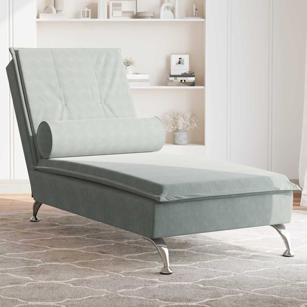 Massage Chaise Lounge with Neck Roll Light Grey Velvet