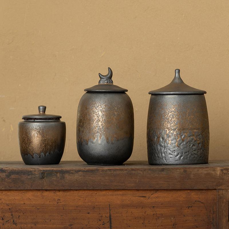 Creative Gilded Ceramic Tea Jar Household Sealed Moisture-proof Storage Jar Candy Food Container Desktop Ornament Art Decoration