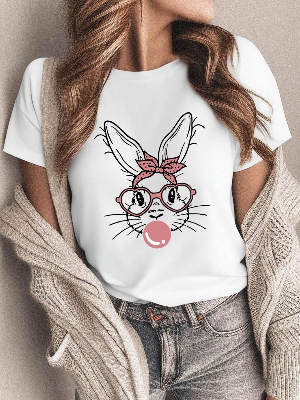 

Модная розовая футболка с кроликом, пускающим пузыри, женская, хлопковая, повседневная, с коротким рукавом, оверсайз, мягкий топ, уличная, футболка оверсайз, женская M