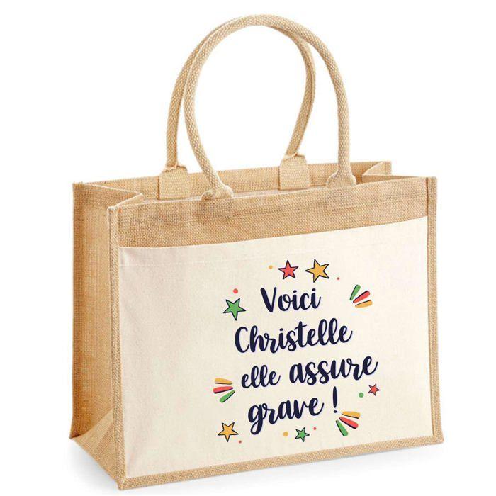 Sac cabas - PLANETEE - jute avec poche Christelle elle assure grave ! - Jute - 43x33 cm - Imprimé en France