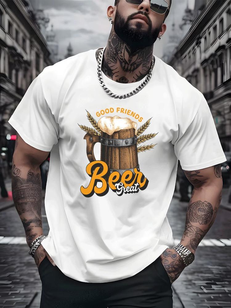 Unisexs Summer Crew Neck Short Sleeve T Shirt Good Friends Great Beer Mug Wheat Print Red Tee Casual Party Loose Fashion Top