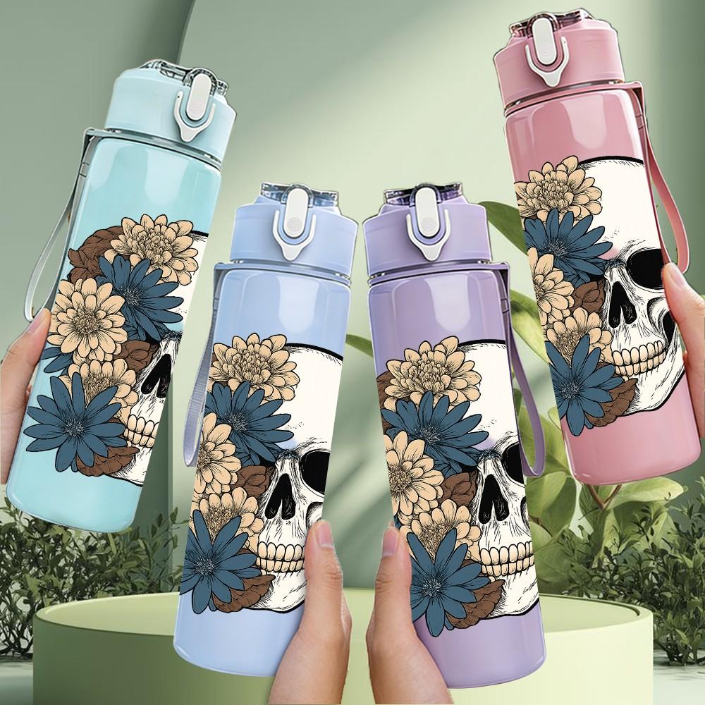 1PC Floral Vintage Skull 750ml Color Plastic Sports Water Bottle Leakproof Flip Straw Lid Suitable for Sports Office Home Use