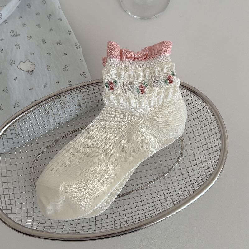 Spring Sock - Mesh Transparent Blue Floral Patterned Academic Style Short Cotton Socks