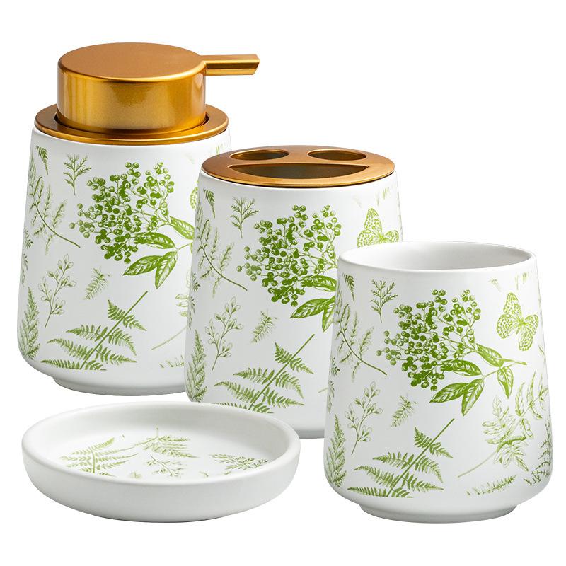 320ml Ceramic Lotion Bottle Green Leaf Wash Set Simple Shampoo Makeup Remover Water Storage Bottle Toothbrush Holder Soap Dish