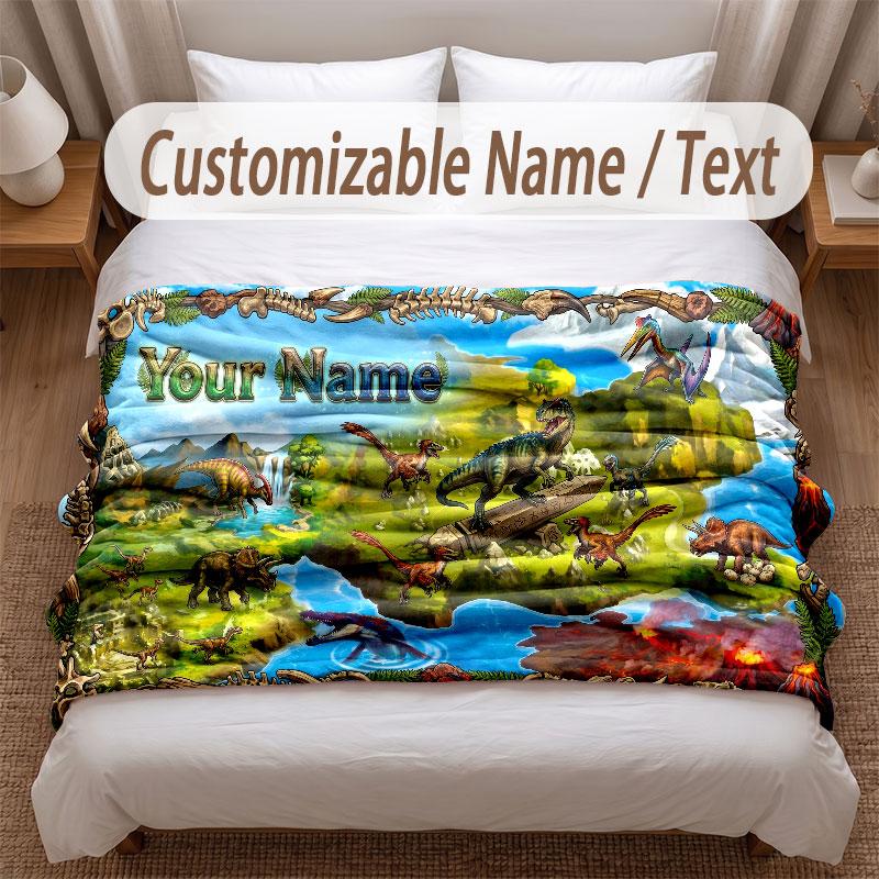 Dinosaur Theme Soft Blanket Personalized Custom Name Text Print Warm Blanket Home Sofa Bedroom Decor