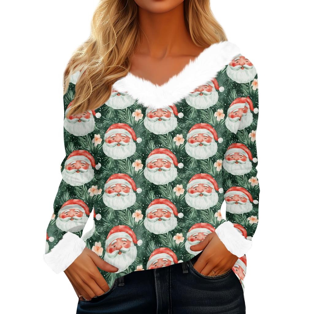 Women's Casual Long Sleeve Christmas Print Top with Plush Collar