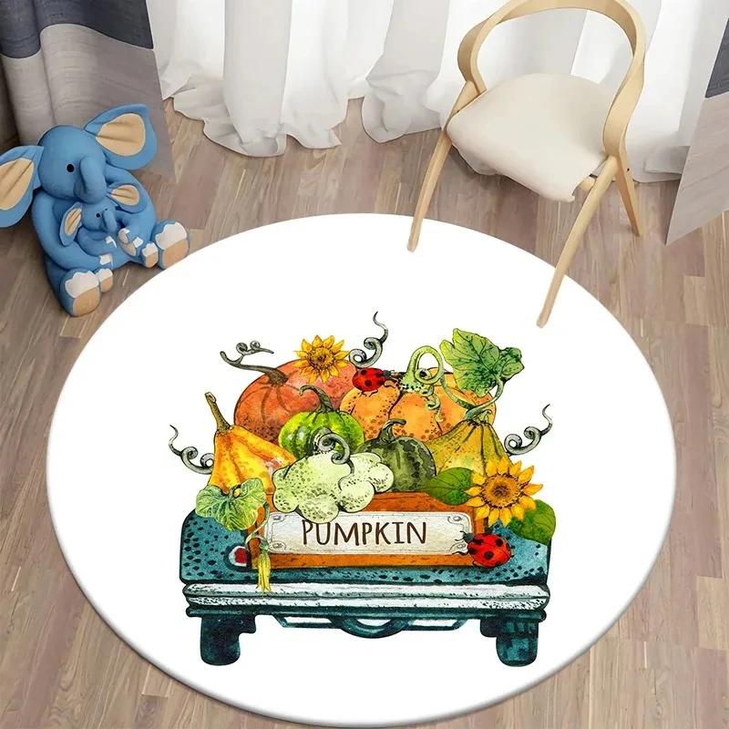 Fall Pumpkin Round Rug for Bedroom Thanksgiving Decor Circle Non Slip Carpet Maple Leaves Floor Mat for Bath Living Room Kitchen