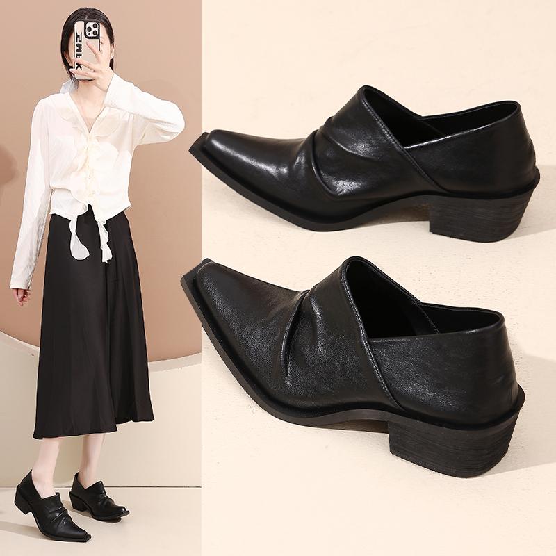 One-Foot Loafer Commuter Platform Wizard Trendy Women'S Heightening Head Leather Niche Casual Sderby Shoes