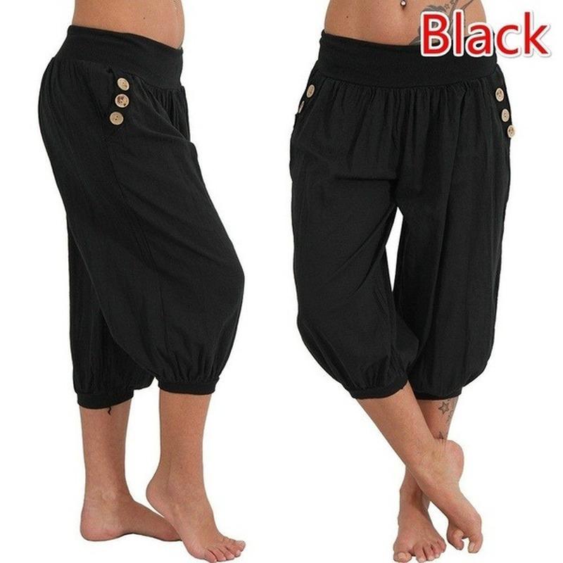 Women Summer Cotton Pants Solid Color Casual Elastic Waist Loose Harem Pants