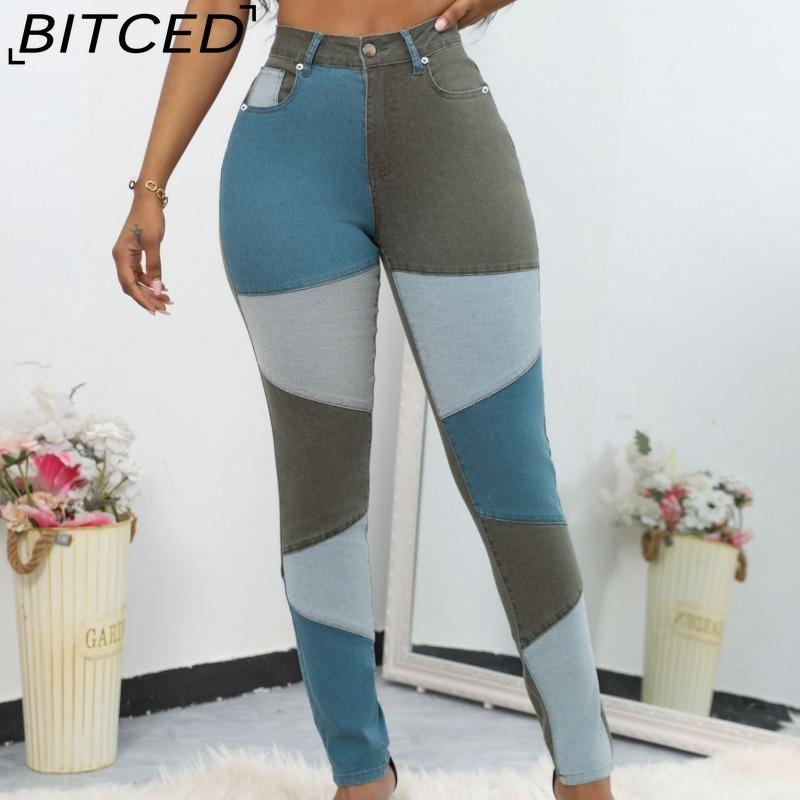 

BITCED Синий и черный двухцветный пэчворк модный хлопковый стираный деним с высокой талией женская одежда больших размеров XXXL зелёный