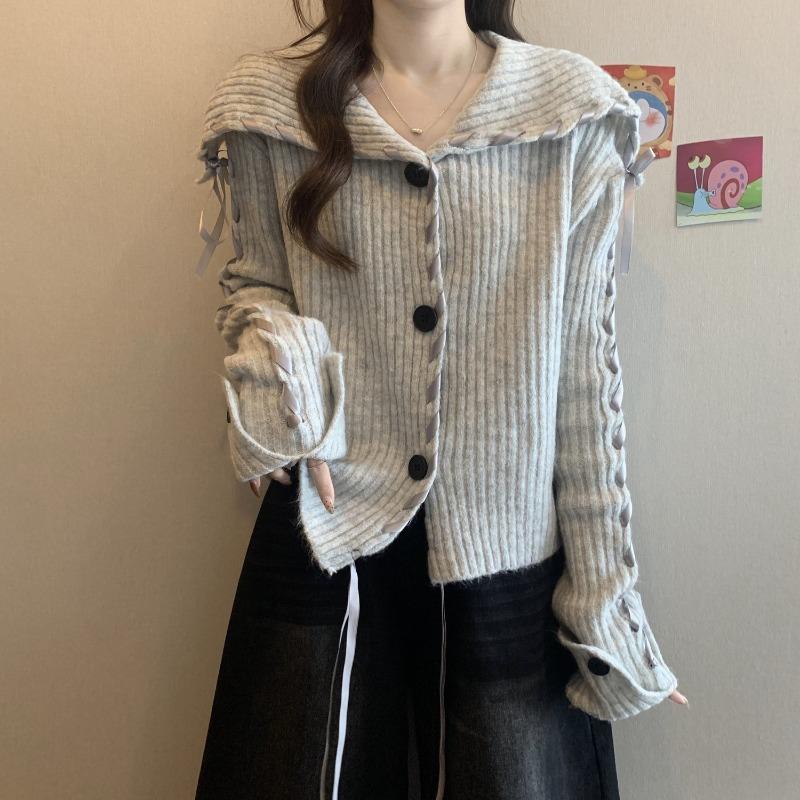 Autumn and winter new streamer lapel knitted cardigan navy collar soft waxy temperament lazy sweater jacket women