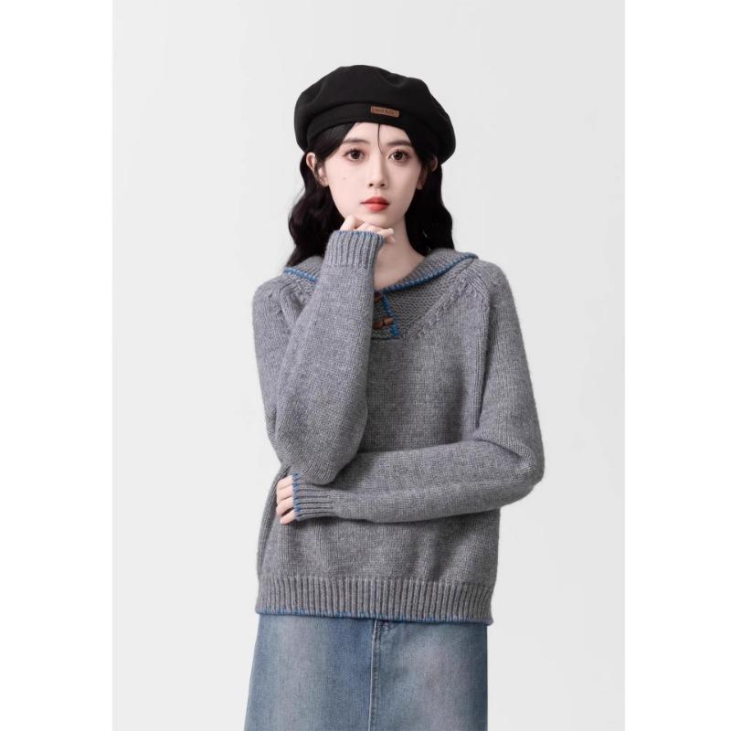 Gelber Reverskragen Damen Strickpullover Einzigartige Schnalle Modisches Damenoberteil Koreanischer Lässiger Lockerer Pullover