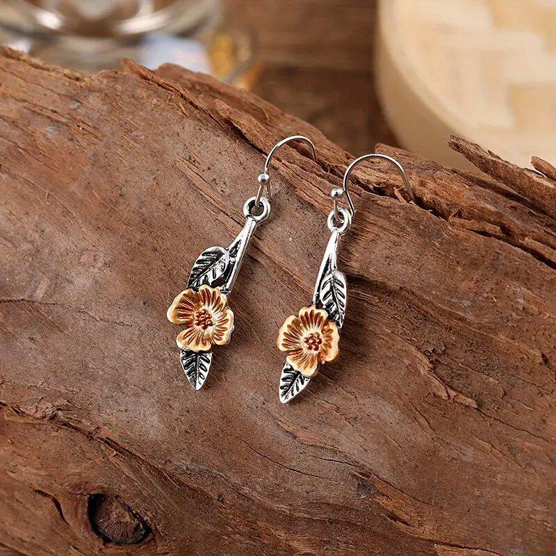Two-Tone Silver & Copper Flower Leaf Drop Earrings Handmade Nature Inspired Floral Dangle Earrings Women Vintage Bohemian Jewelry