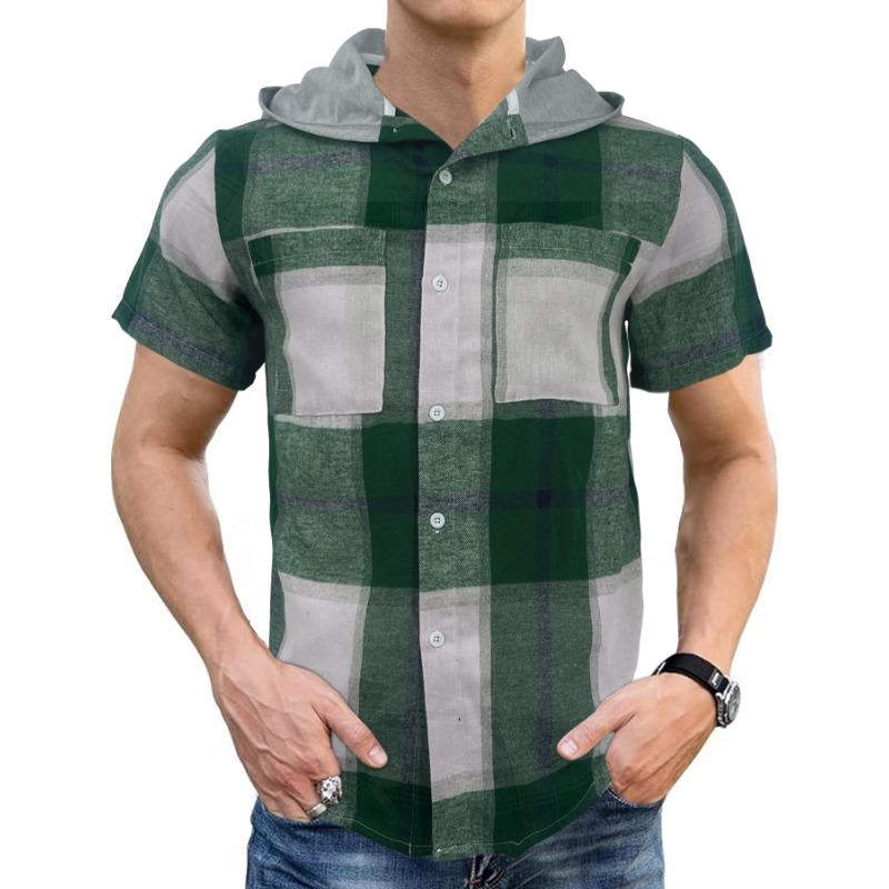 Summer Men's Short Sleeved Checkered Shirt Casual Hooded Business Checkered Shirts