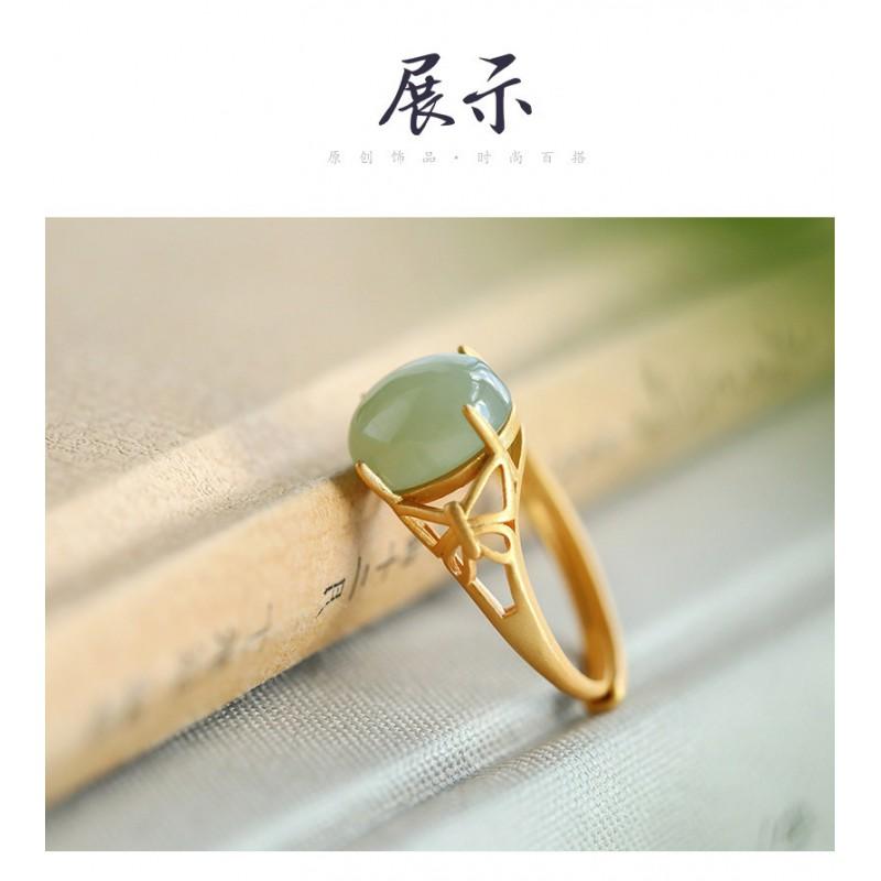 Adjustable Open Ring Women Men Copper Gold Plated Jade Butterfly Filigree Vintage Boho Jewelry