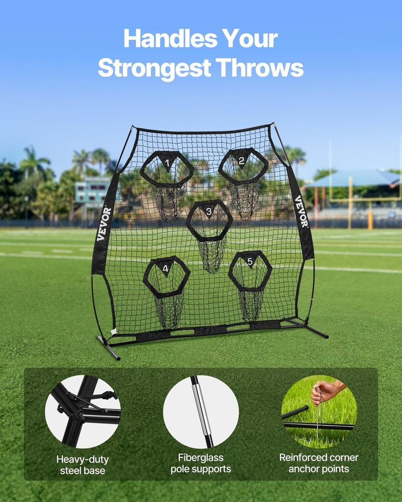 1828.8x1828.8mm Football Trainer Throwing Net, Training Throwing Target Practice Net with 5 Target Pockets, Knotless Net Includes Straps and Portable