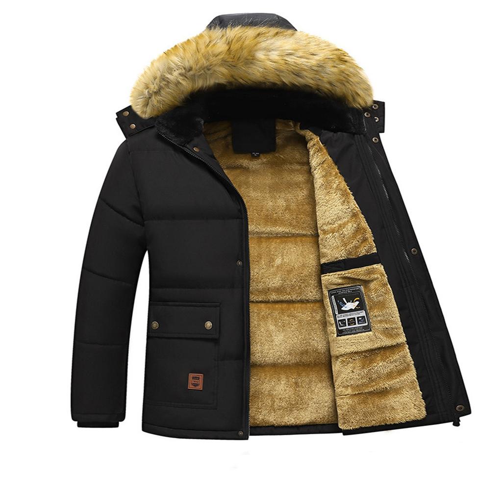 Winter Hooded Men's Cotton-padded Jacket With Collar And Fleece Thickened Slim Medium Long Cotton-padded Coat Men