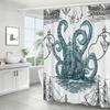 Nautical Shower Curtain – Ink Illustration Of Octopus Attacking Ship, Teal Tentacles & Black Line Art, 12 Hooks,70.87×70.87 Inch