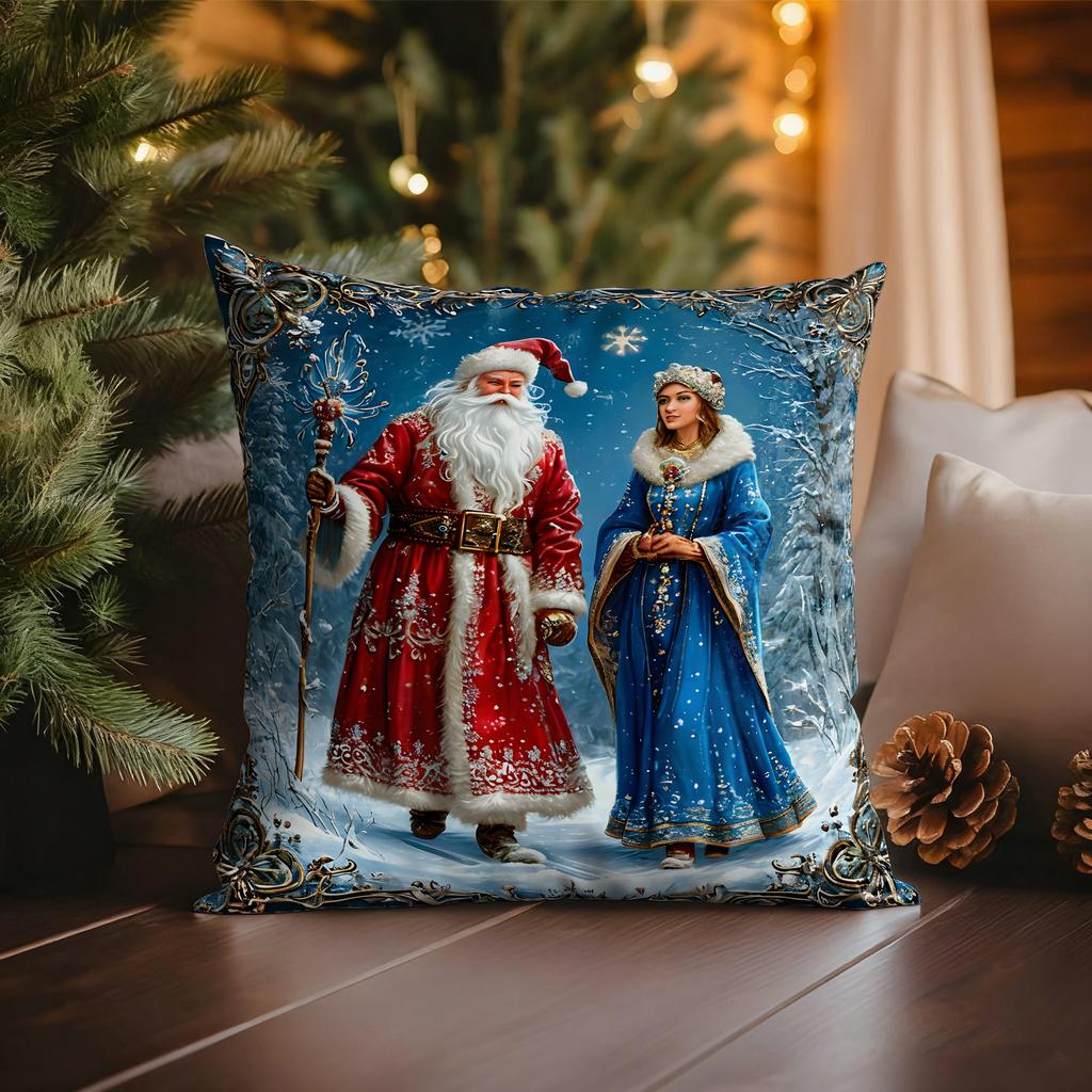 Christmas pillowcase: dreamy patterns of Santa Claus and fairy tale characters, home holiday warm atmosphere