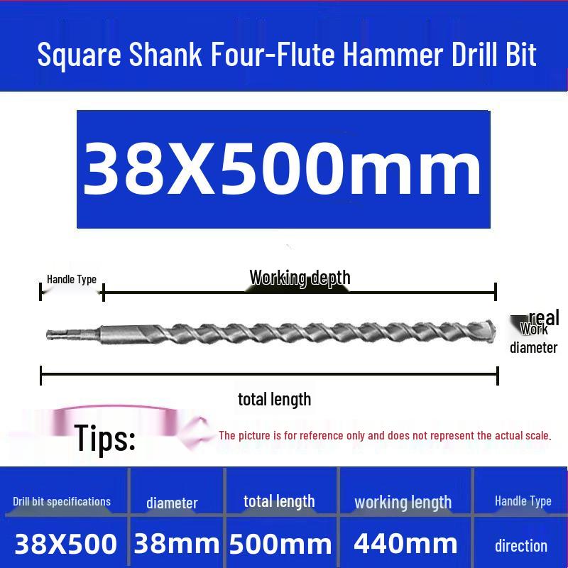 Extended Electric Hammer Drill Bit, Square & Round Shank, for Concrete Piercing - Available in 500mm to 2m Lengths