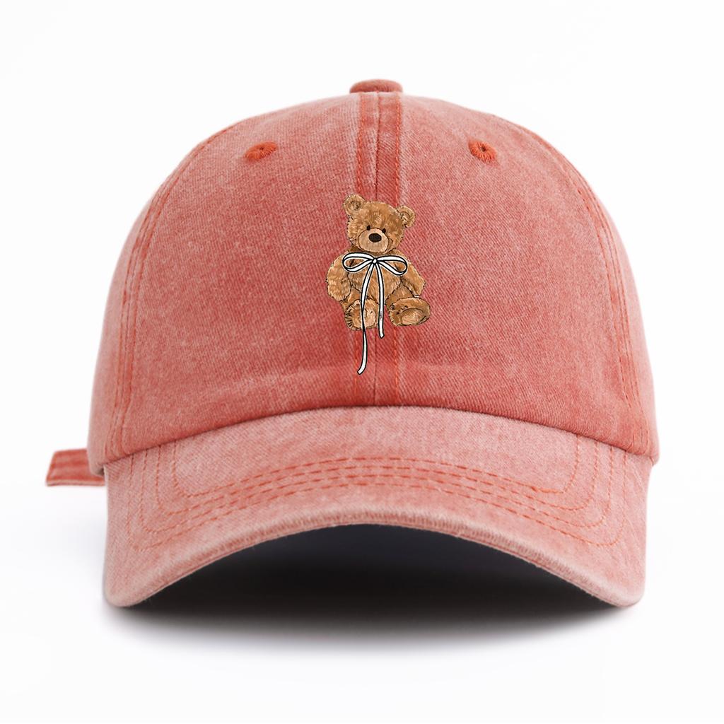 1pc Bow Bear Print Washed Baseball Cap for Adults  Minimalist Retro Style Casual Soft Adjustable Dad Hat Perfect As Gift