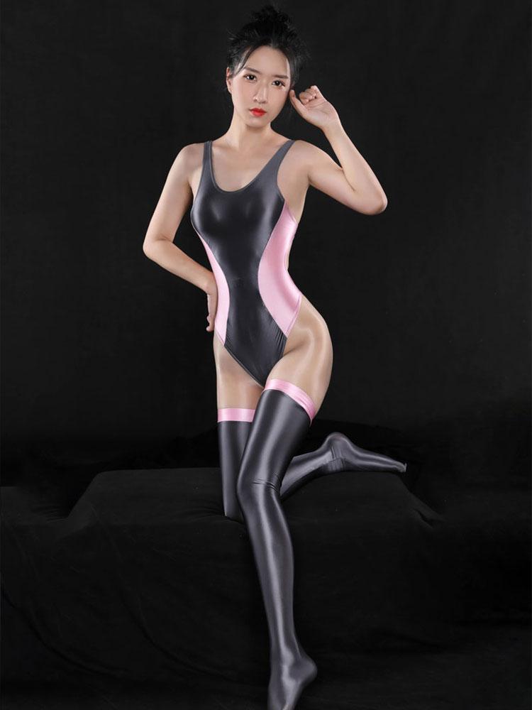 Sexy Shiny High Cut Bodysuit Hollow Out Sheer See Through Backless Stage Tights Thong Leotard Candy Color With Stockings