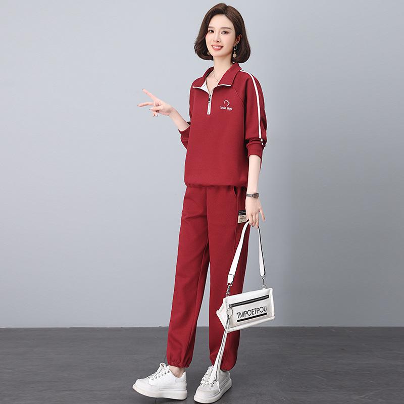 

Женская повседневная спортивная одежда 2025: Модный весенне-осенний комплект из двух предметов: свитшот для мамы XXXL вино красного