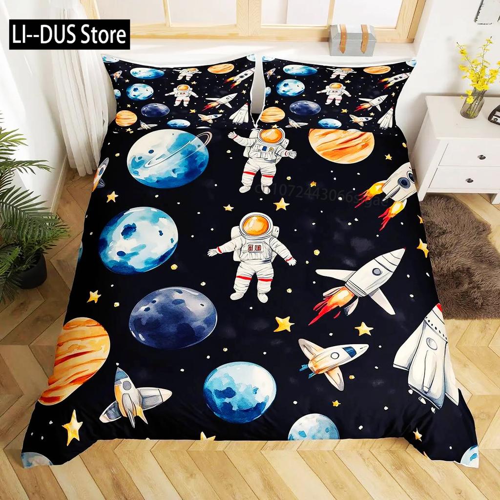 Astronaut Duvet Cover Set Cartoon Space Astronaut Decor Bedding Set Soft Breathable Comforter Cover With Pillowcase With Zipper