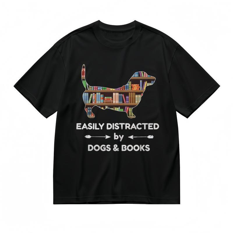 Women's Breathable Classic T-Shirt Dogs and Books Distraction Graphic Tee