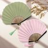 Solid Color Shell Fan Natural Fiber Fabric Foldable Breathable Handheld Retro Cooling Fan 6XDE