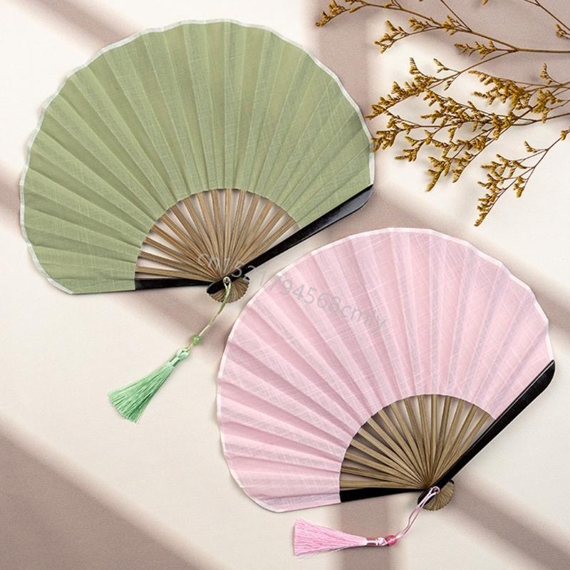 Solid Color Shell Fan Natural Fiber Fabric Foldable Breathable Handheld Retro Cooling Fan 6XDE