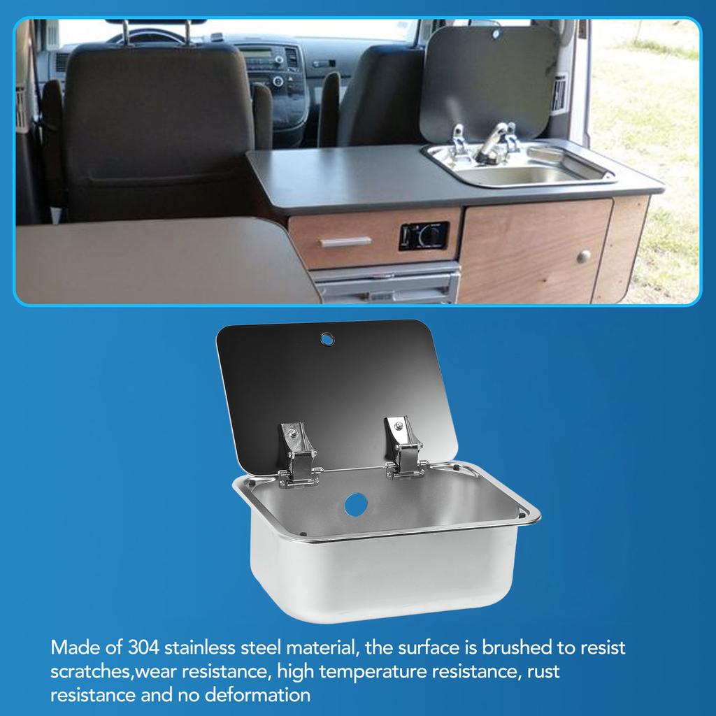 RV Sink Square 15.2 X 11.2 X 5.44in Single Bowl Stainless Steel Sink with Tempered Glass Lid and 40mm Drain Hole