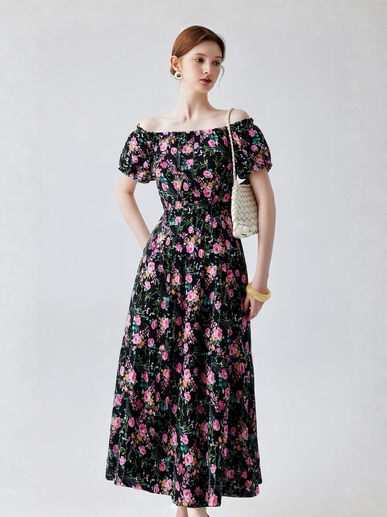 Bohemian Cotton-Silk Floral Printted Off-the-Shoulder French-Style Summer Dress for Women Ethnic-Style Elastic Waistband Pleayed Long Dress