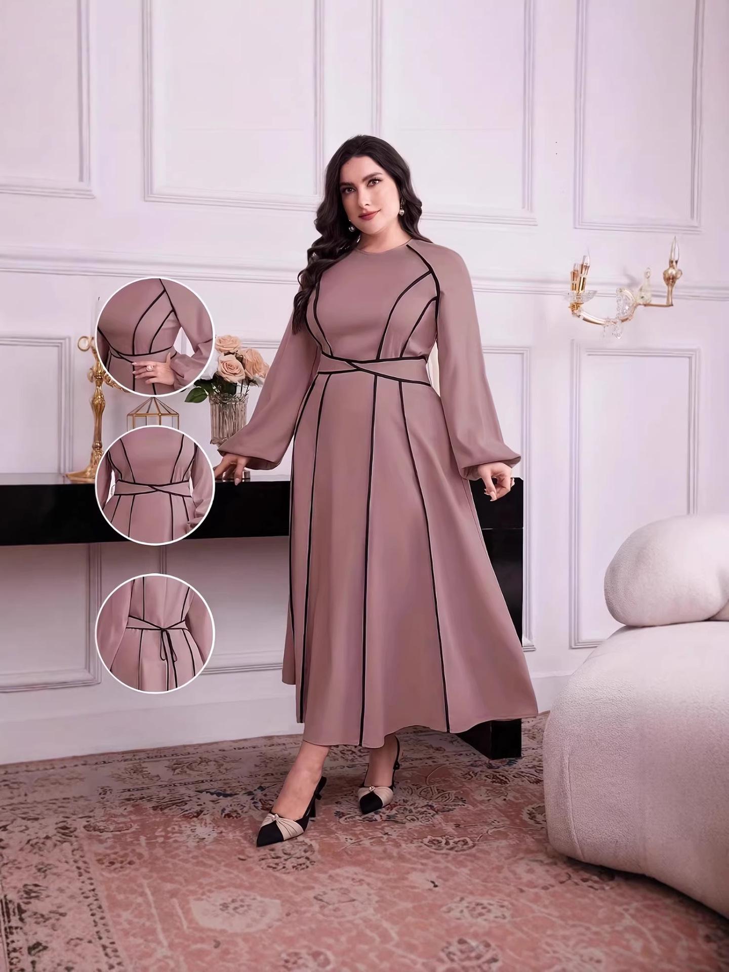 Plus Size Women s Round Neck Long Sleeve Color Block Stripe Mid-Length Dress with Waist Tie - Elegant Commute Wear 5XL розовый
