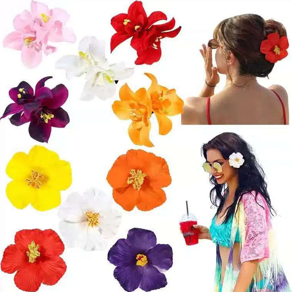 10pcs Silk Hawaiian Double Flower Hair Clip Tropical Floral Barrettes Elegant Hairpin Beach Accessories For Women Girls