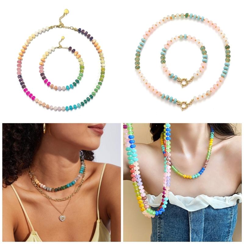 Colorful Natural Gemstones Beaded Accessories Stylish Necklace and Adjustable Bracelet for Fashionable Women Wear