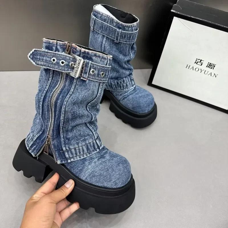 Fashion Denim Women Boots for Cowboy Mid-calf Boots Zipper Ladies Platform Boots Mid Heels Designer Shoes 2025 Motorcycle Boot Zapatos