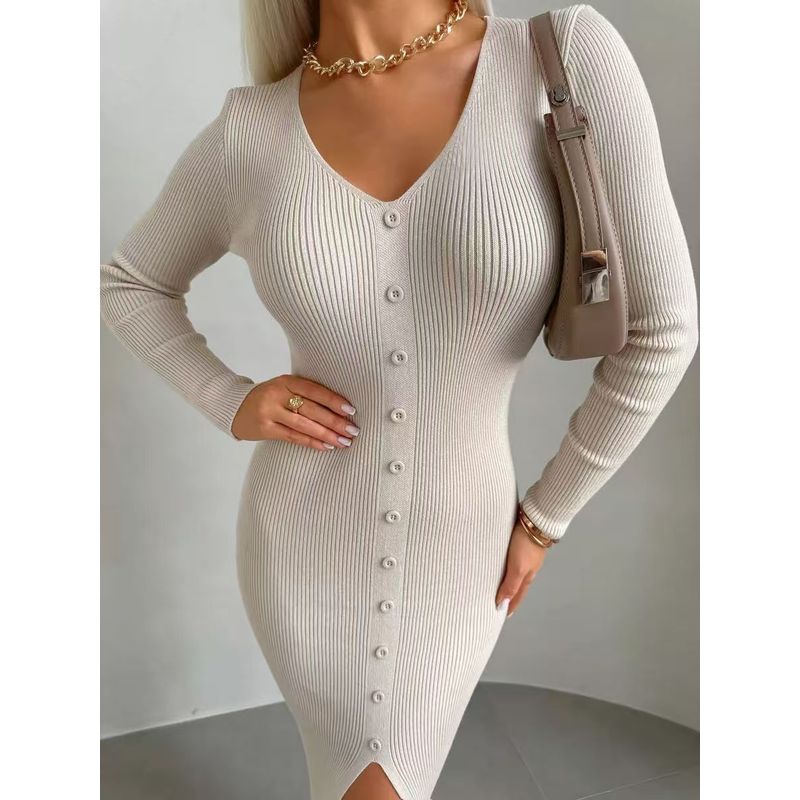 

Мода Ветер Новое поступление Мода Сексуальное V-образное декольте Длинный рукав Вязаное Облегающее платье V-образный вырез Вязаное платье Beige White S
