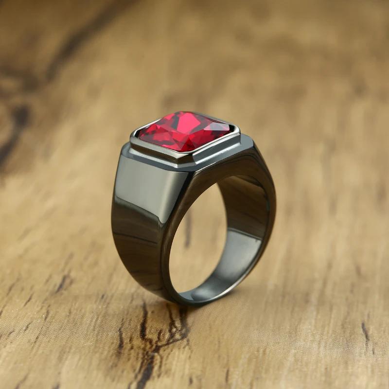 Black/Gold Plated Stainless Steel Men's Ring Square Red Zircon Stone Classic Signet Rings