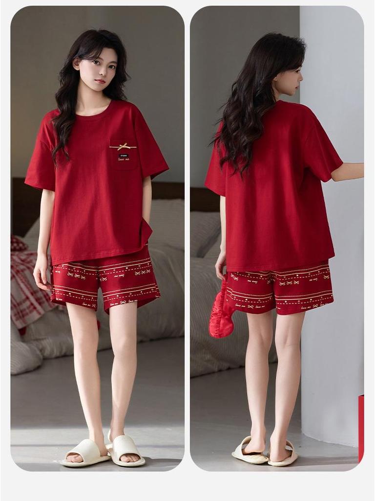 Rotes Baumwoll-Stretch-Pyjama-Set für Paare - Kurzarm, Rundhalsausschnitt, Sommer-Haus- & Outdoor-Bekleidung