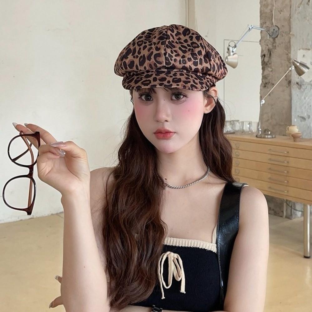 Polyester Leopard Print Octagonal Hat Y2K Peaked Cap Retro Painter Hat  Travel