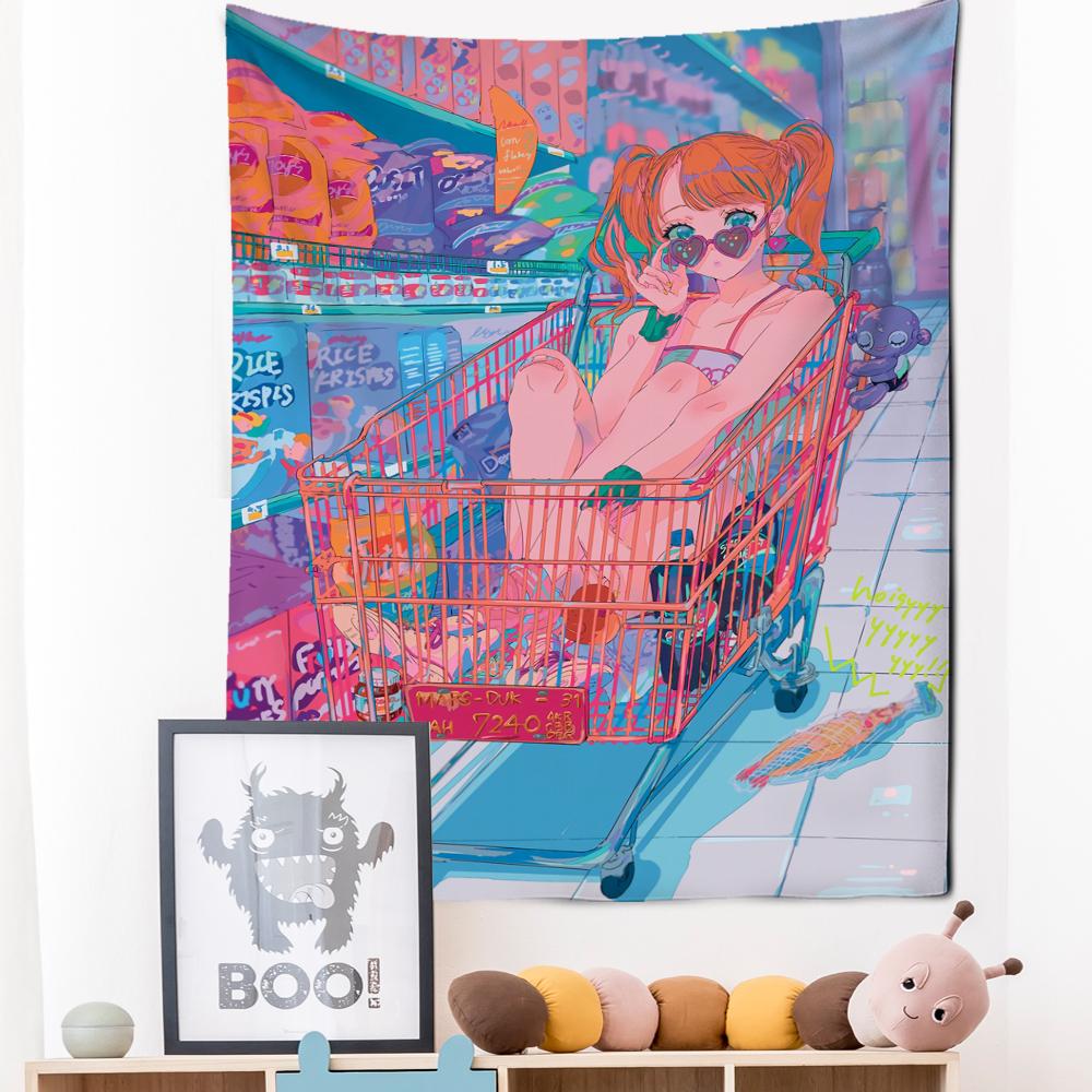 Anime Darstellung Wandteppich Hängen Kawaii Cartoon Mädchen Nette Hippie Tapiz Hintergrund Tuch Wohnkultur